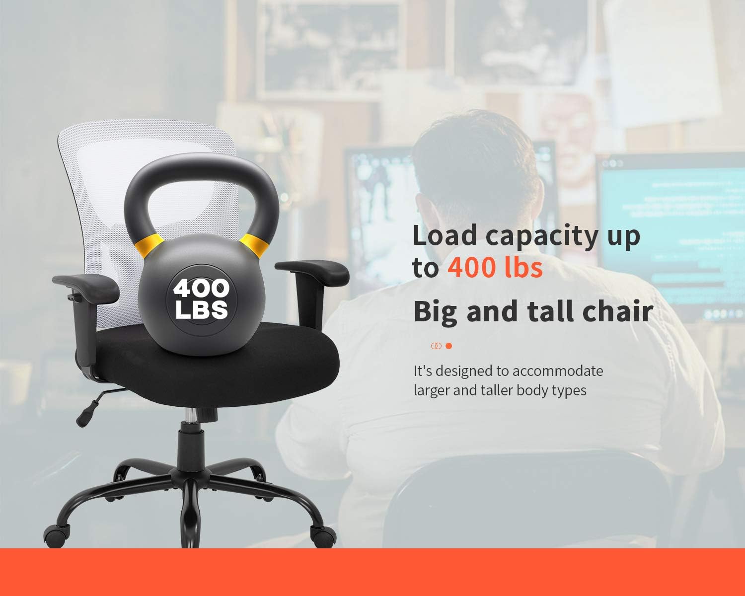 Big and Tall Office Chair 400lbs Desk Chair Mesh Computer Chair with Lumbar Support Wide Seat Adjust Arms Rolling Swivel High Back Task Executive Ergonomic Chair,White