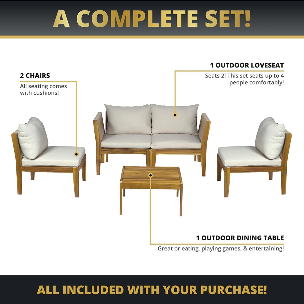 5-Piece Acacia Wood Outdoor Patio Furniture Set, Modern Conversational Chat Set with Water-Resistant Cushions, Space-Saving Sectional Sofa for Small Balcony, Deck, Backyard, Natural Brown