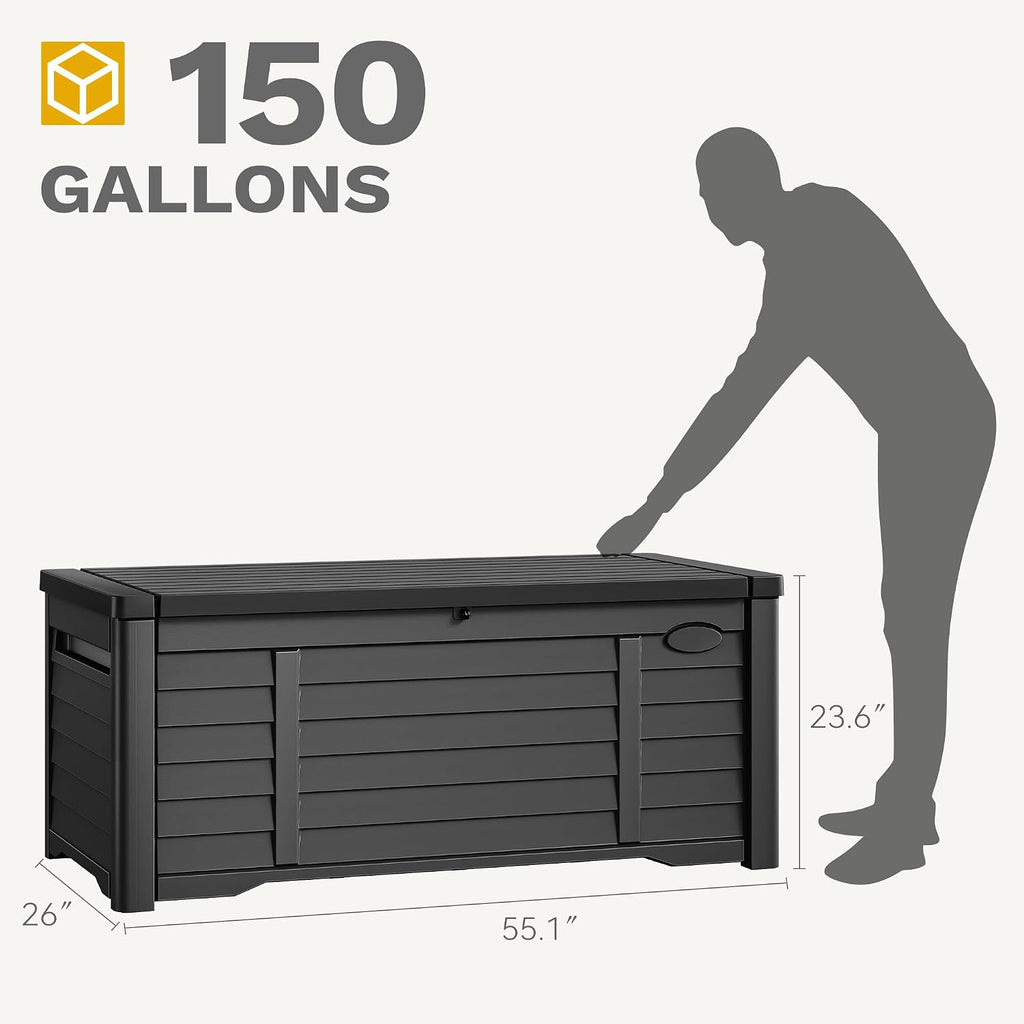DWVO 150 Gallon Large Deck Box Waterproof Outdoor Storage Box, Extra Large Storage Bin, Resin Louvered Patio Storage for Indoor Pillows, Garden Tools & Pool Supplies, Lockable, Black