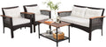 Tangkula 4-Piece Patio Furniture Set, Patiojoy Acacia Wood Outdoor PE Wicker Conversation Set with Cushions, PE Rattan Sectional Sofa Set for Lawn, Porch, Poolside, Backyard (Off White)