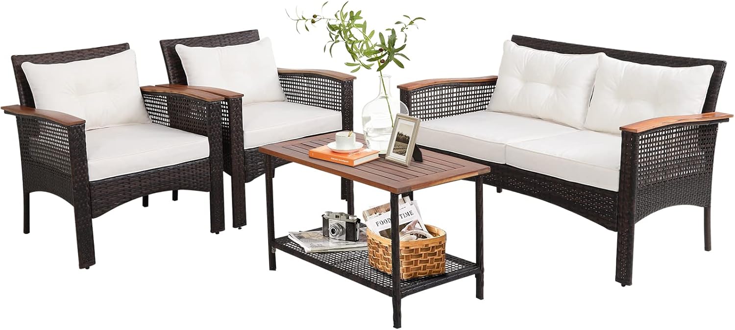 Tangkula 4-Piece Patio Furniture Set, Patiojoy Acacia Wood Outdoor PE Wicker Conversation Set with Cushions, PE Rattan Sectional Sofa Set for Lawn, Porch, Poolside, Backyard (Off White)