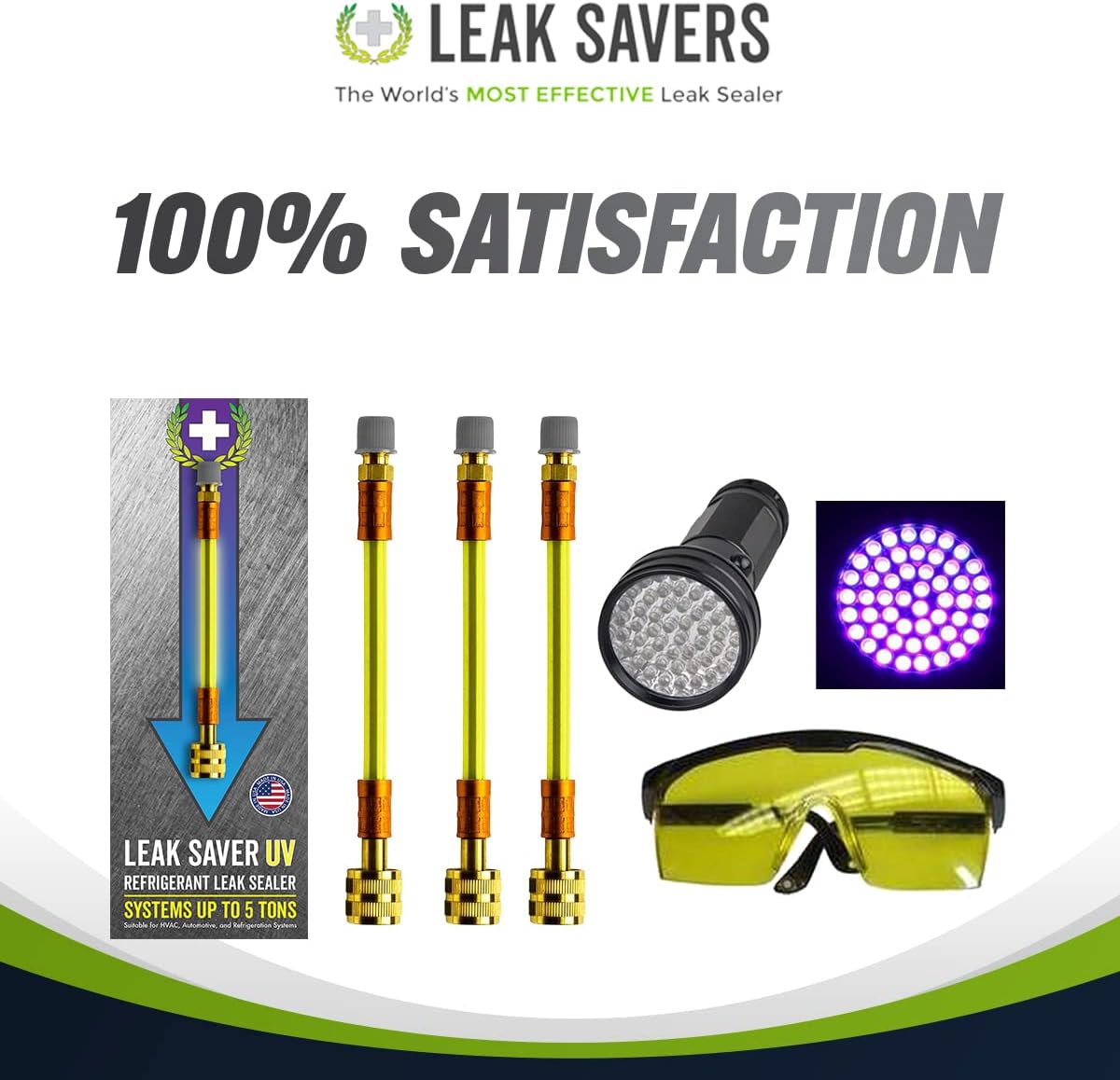 Leak Saver Direct Inject Refrigerant Leak Sealer with UV Dye, 6 Pack - Includes 51 LED UV Light and Protective Glasses