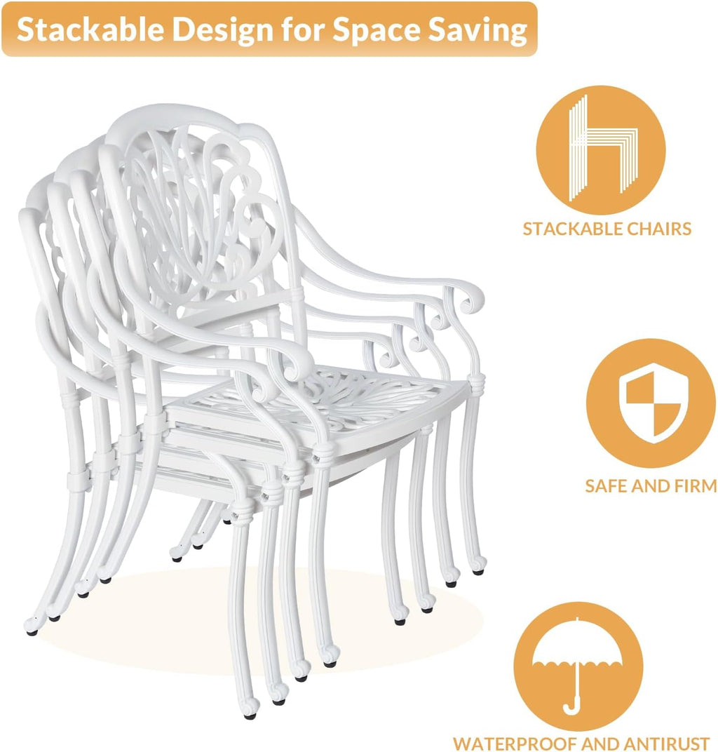 5-Piece Outdoor Patio Dining Set, All-Weather Cast Aluminum Patio Furniture Set for Backyard Garden Deck with 4 Chairs, 4 Cushions and 38.5' Round Table, 2.2' Umbrella Hole, White