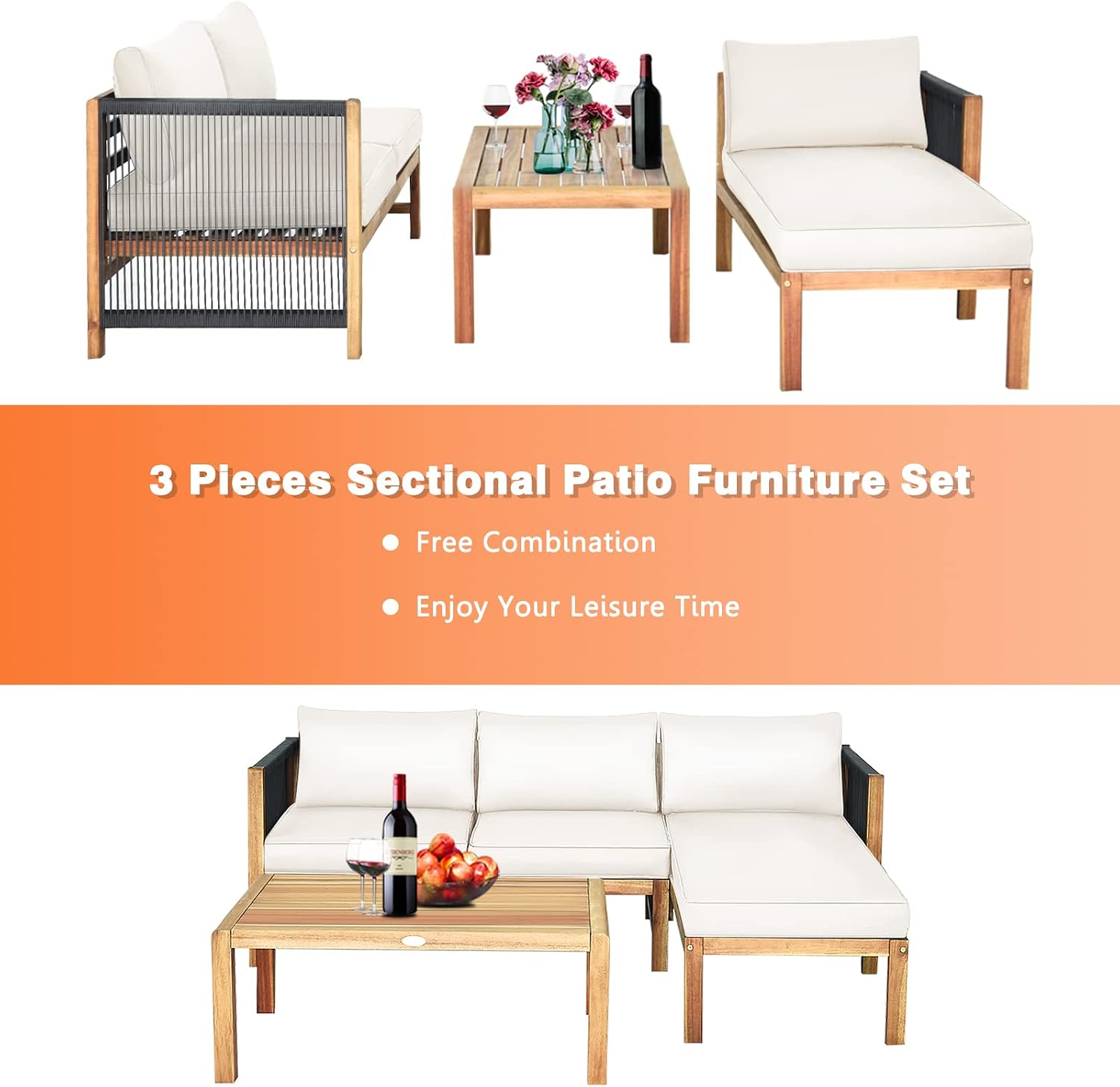 Tangkula L Shape Outdoor Furniture Set, 3 Piece Acacia Wood Patio Conversation Set, with 2 loveseats and Coffee Table, Garden Backyard Poolside Patio Seating Set (White)
