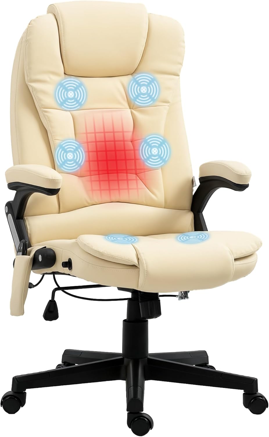 HOMCOM High Back Vibration Massage Office Chair with 6 Vibration Points, Heated Reclining PU Leather Computer Chair with Armrest and Remote, Beige