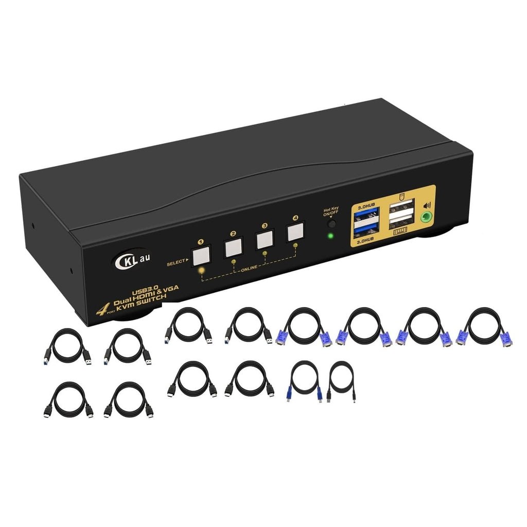 4x2 USB 3.0 VGA + HDMI KVM Switch 2 Monitors 4K@60Hz with Cables and Audio, PCs Monitor Keyboard Video Mouse Peripherals Sharing Box
