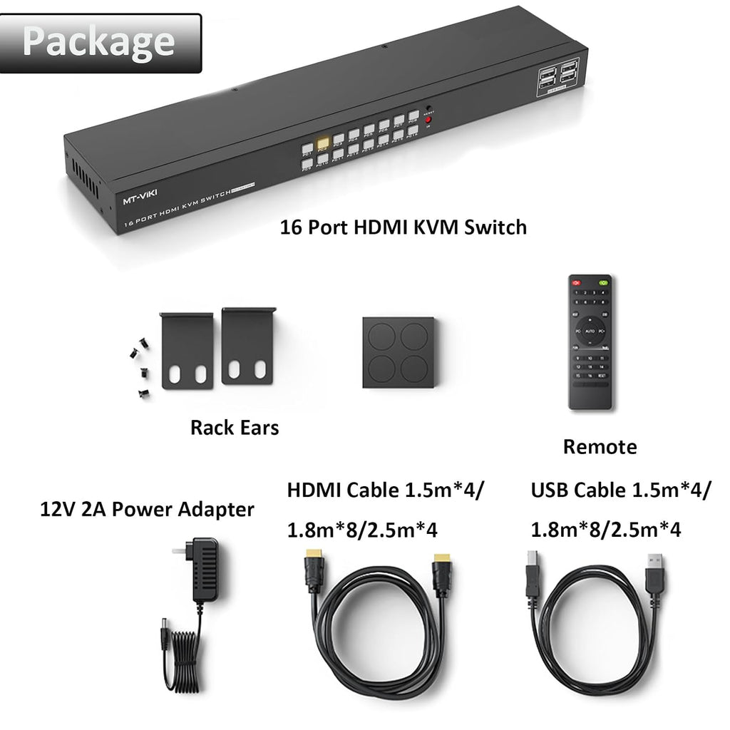 MT-VIKI 4K 16 Port KVM Switch HDMI, 4K@30Hz Rack Mount KVM Console w/16 Cables + 4 USB 2.0 Devices + Remote, Support EDID Storage, HDMI 1.4, HDCP 1.4 for 16 Computers/Servers, Fit 1U 19'' Rack