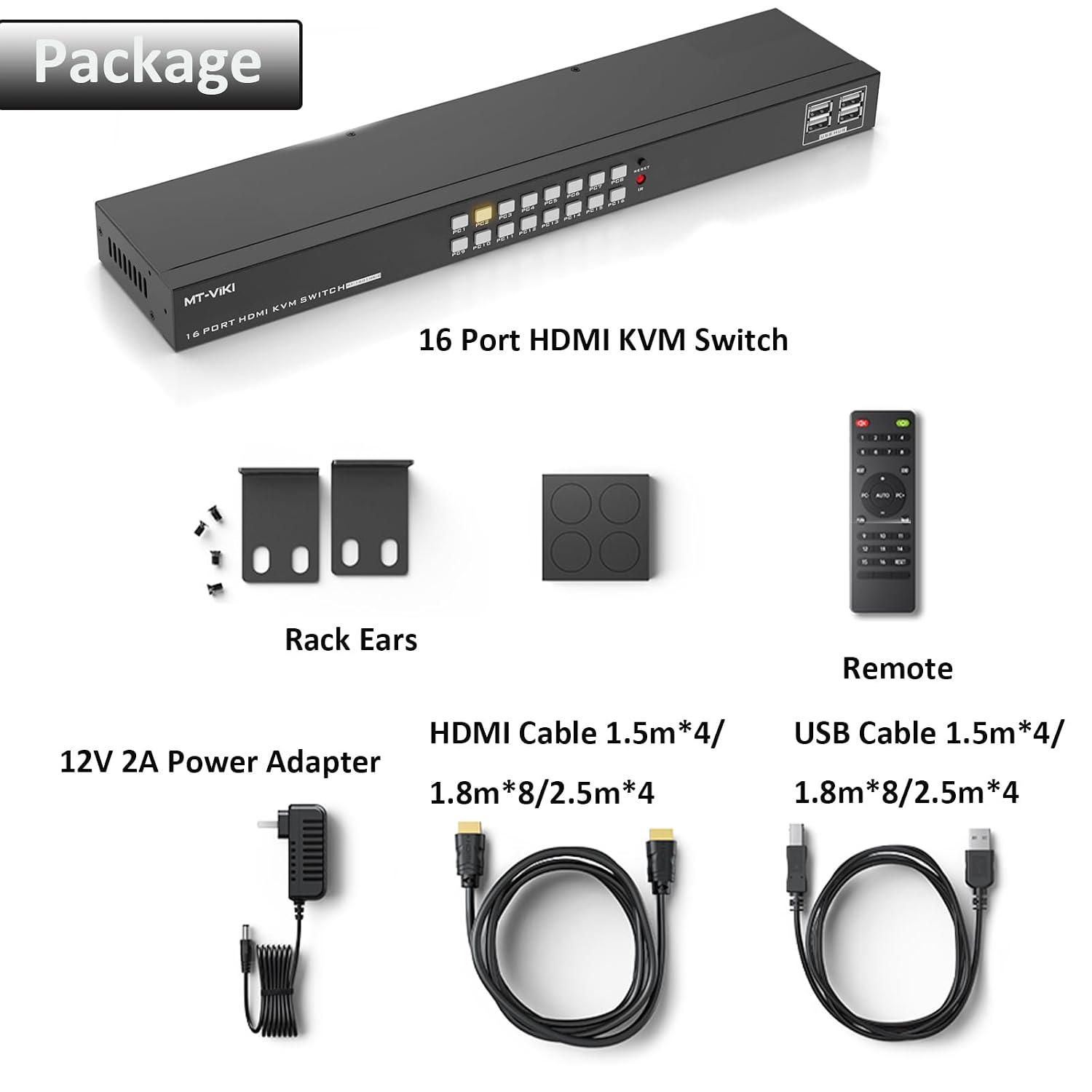 MT-VIKI 4K 16 Port KVM Switch HDMI, 4K@30Hz Rack Mount KVM Console w/16 Cables + 4 USB 2.0 Devices + Remote, Support EDID Storage, HDMI 1.4, HDCP 1.4 for 16 Computers/Servers, Fit 1U 19'' Rack