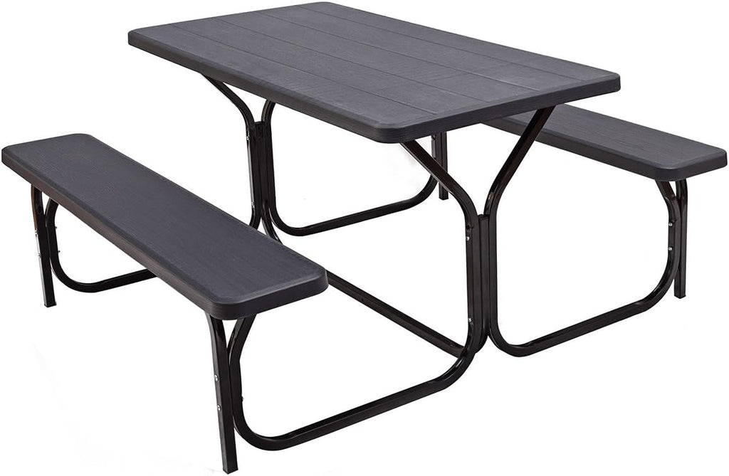 Giantex Picnic Bench Set Outdoor Camping All Weather Metal Base Wood-Like Texture Backyard Poolside Dining Party Garden Lawn Deck Large Picnic Tables for Adult (Black)