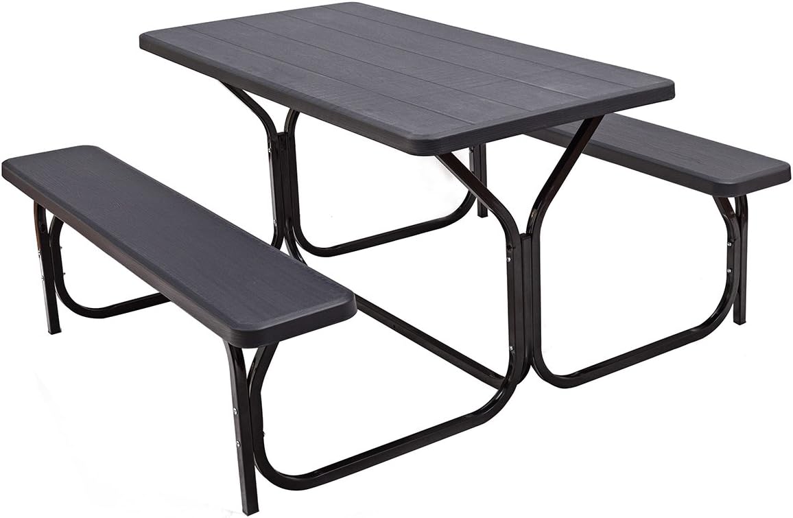 Giantex Picnic Bench Set Outdoor Camping All Weather Metal Base Wood-Like Texture Backyard Poolside Dining Party Garden Lawn Deck Large Picnic Tables for Adult (Black)