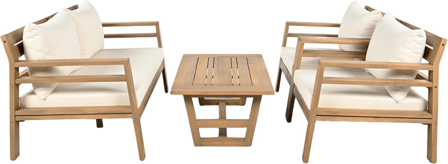 Christopher Knight Home Jamaia 4 Pieces Acacia Furniture Set, Patio Conversation Chat 2-Seat Sofa Set with Coffee Table, Outdoor Loveseat Chair Set for Garden Porch Backyard Balcony, Light Teak+Beige