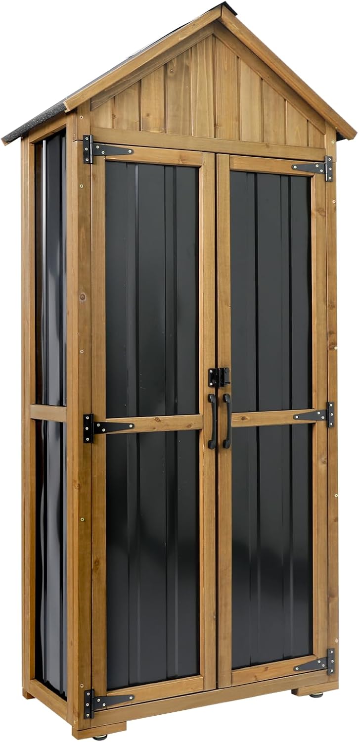 Wood & Metal Outdoor Storage Cabinet with Waterproof Roof, Garden Tool Shed with 6 T-Hinge, 4 Reinforced feet with Metal Brackets and 6 Adjustable feet, 3 Removable Shelves, 13.2X 31x 67IN