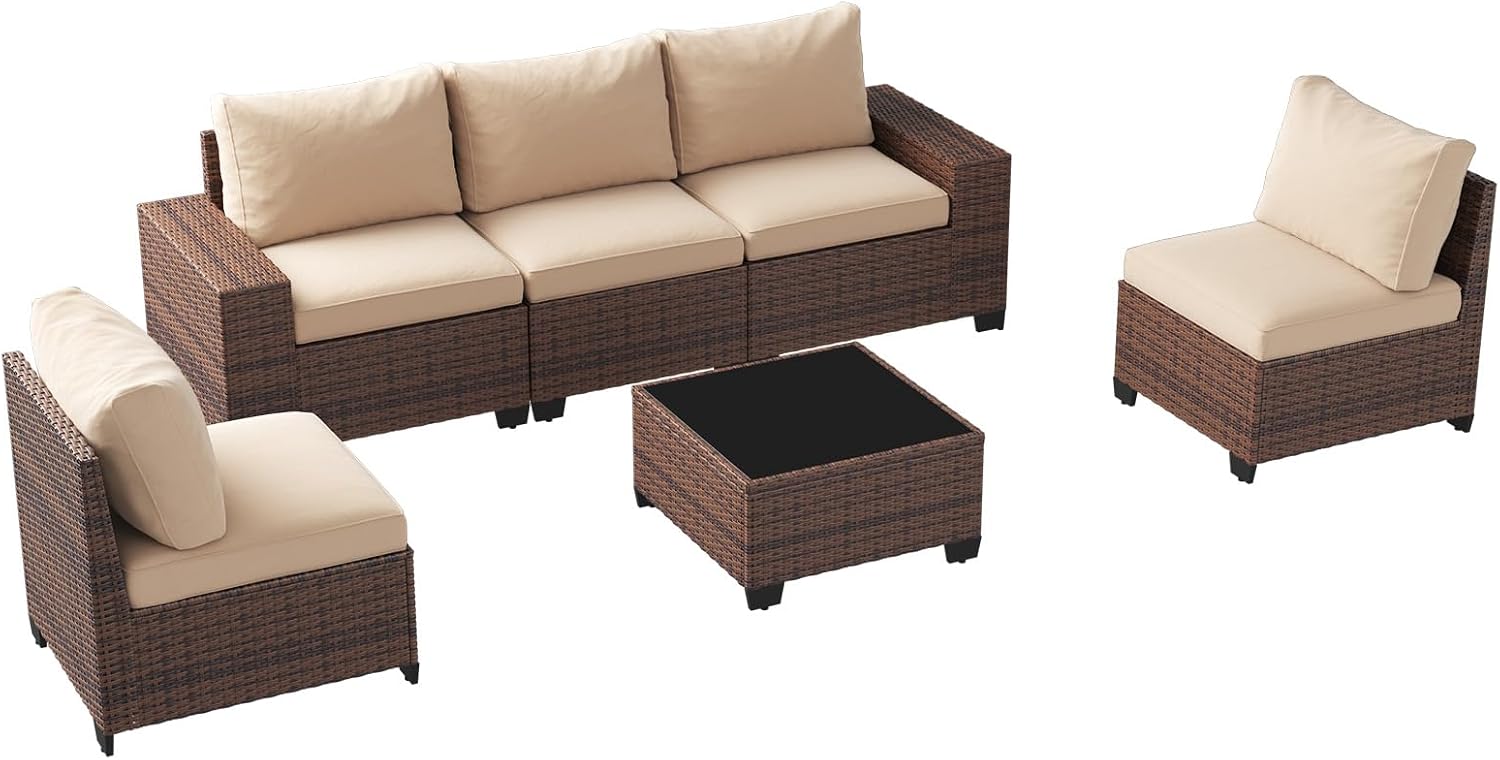 Aoxun Patio Fruniture Sets, Wicker Outdoor Patio Furniture Set with 4 in Thick Cushions and Widen Armrests, All-Weather Outdoor Sectional for Backyard, Garden and Poolside, Beige