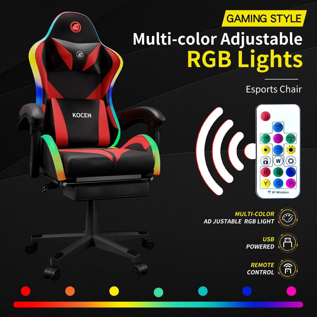 Gaming Chairs for Adults Tall and Kids，Lumbar Support,LED Lights，High Back Reclining Computer Chair with Headrest (Black+Red)