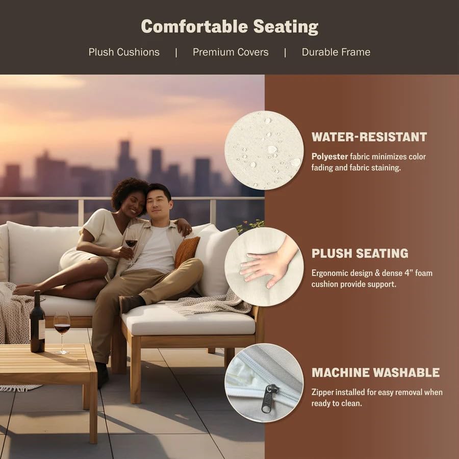 5-Piece Acacia Wood Outdoor Furniture Set, All-Weather Conversational Chat Set with Thick Water-Resistant Cushions, Modern Space-Saving Patio Sofa for Small Balcony, Deck & Backyard, Natural