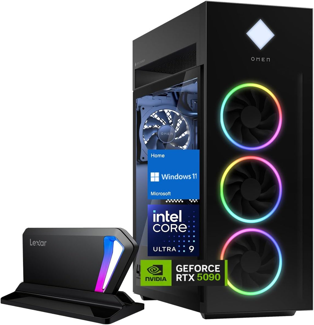 HP OMEN 45L GT22 RTX 5090 Gaming Desktop, Intel Ultra 9 285K, NVIDIA RTX 5090, 64GB DDR5 RAM, 4TB SSD, RGB Light Studio & Gaming Hub,Wi-Fi 6, W11H, Bundle with Lexar SL660 512GB Portable SSD