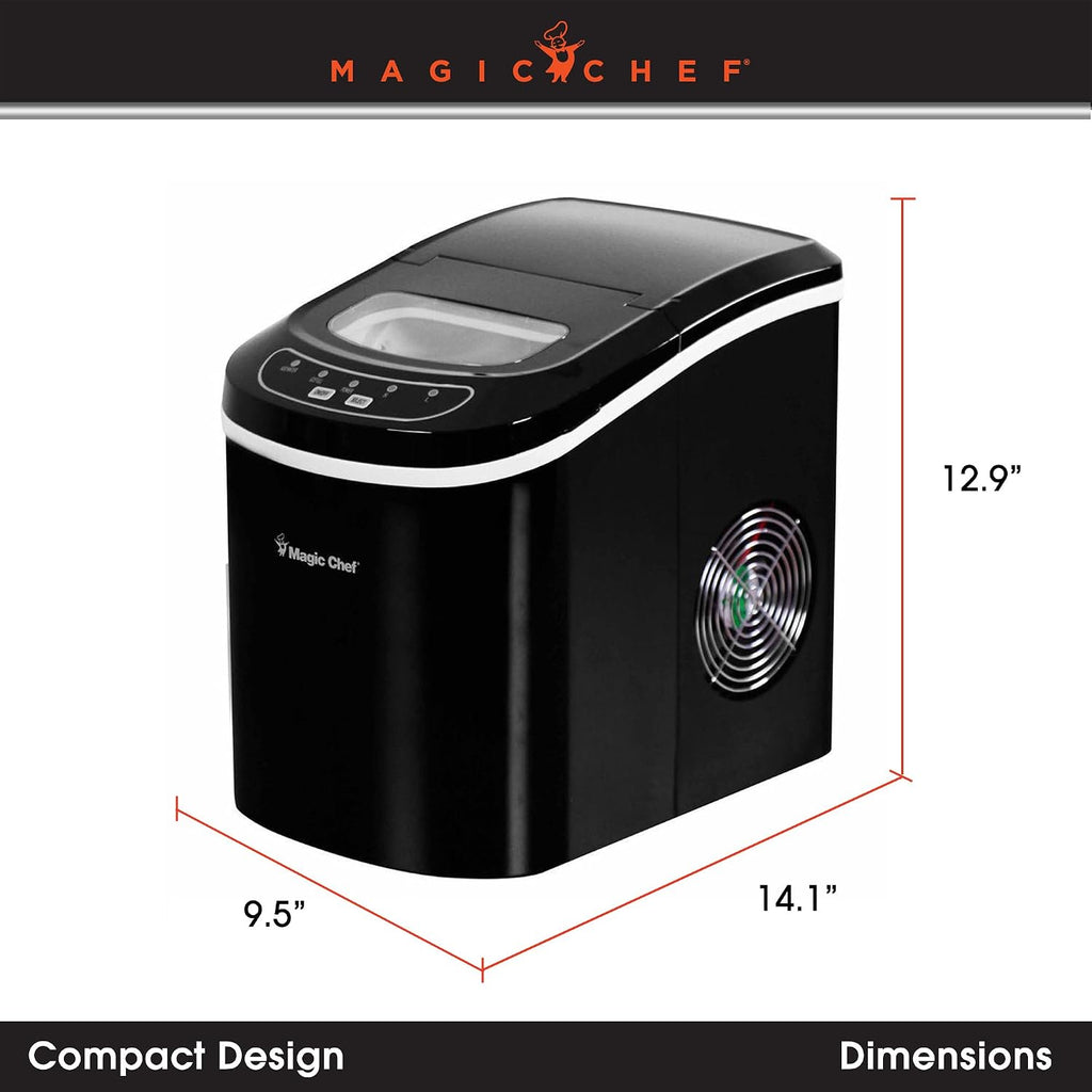Magic Chef 27-Lb. Portable Ice Maker in Black, Tabletop Ice Maker for Kitchen, Apartment, Dorm, and Basement with Viewing Window, 2 Ice Cube Sizes, and Ice & Water Level Indicator Lights