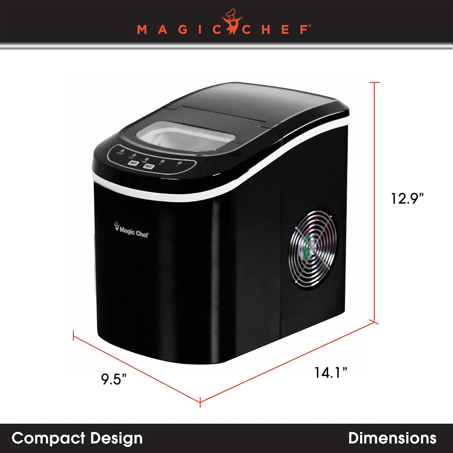 Magic Chef 27-Lb. Portable Ice Maker in Black, Tabletop Ice Maker for Kitchen, Apartment, Dorm, and Basement with Viewing Window, 2 Ice Cube Sizes, and Ice & Water Level Indicator Lights