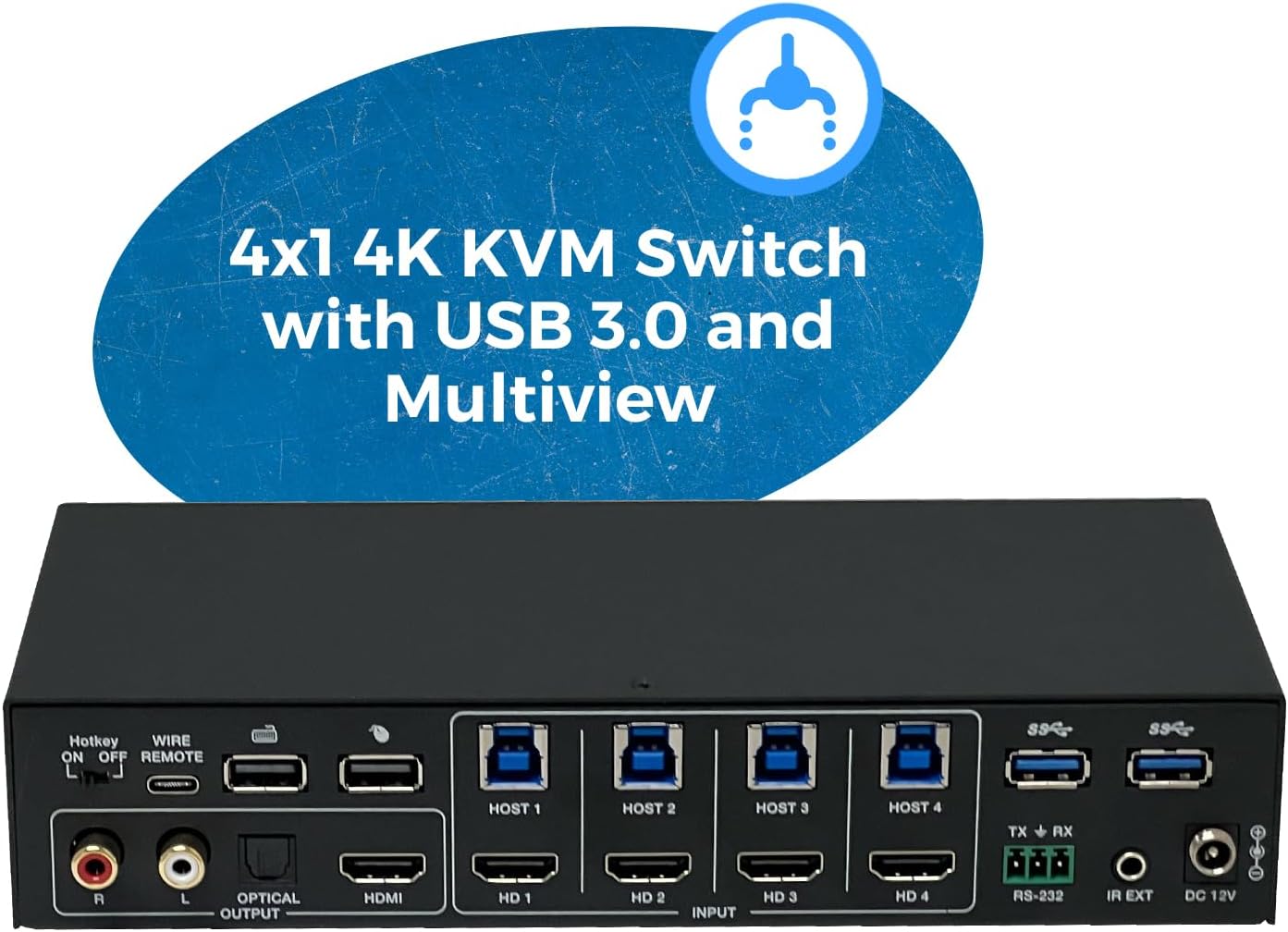 OREI 4x1 KVM HDMI Seamless Switch Multiviewer, Share Multiple Devices, PC, Computers, Phones, Gaming on One Display Monitor, Keyboard Control and USB 3.0 Peripheral Control