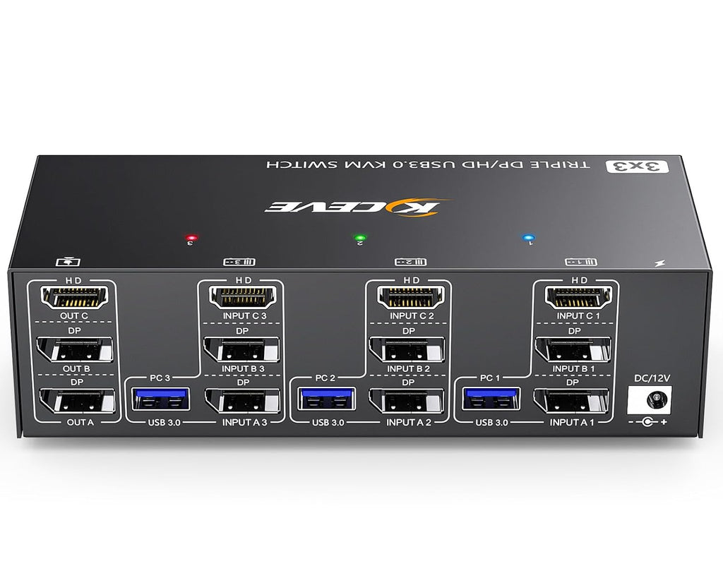 KVM Switch 3 Monitors 3 Computers 8K@60Hz, Camgeet HDMI+2 Displayport KVM Switch Triple Monitor for 3 Computer Share 3 Monitor and 4 USB3.0 Devices,Wired Remote and 12V Power Adapter Included