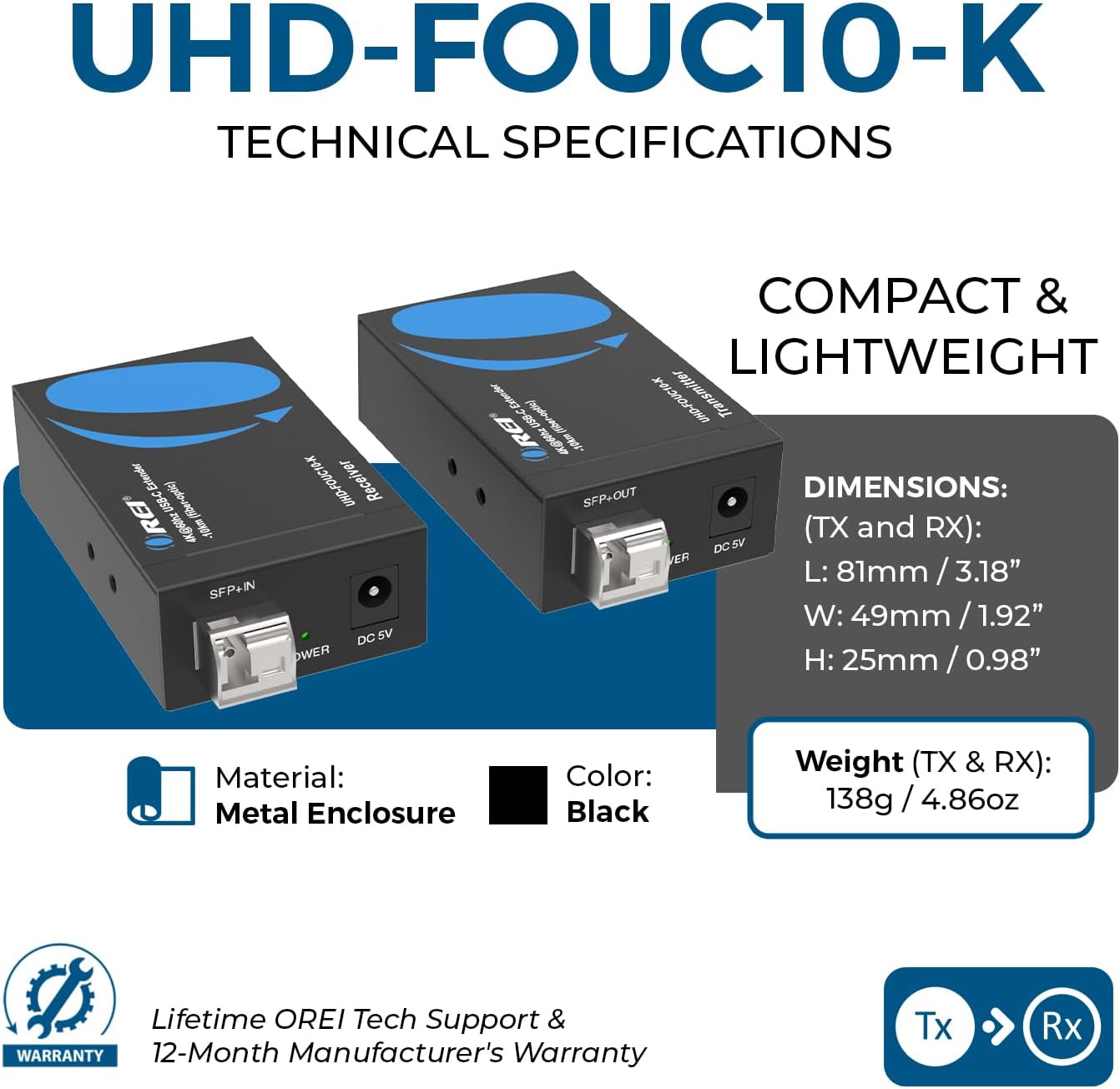 OREI USB-C Extender Over Fiber Optic Balun - ALT Mode UltraHD 4K @ 60Hz 4:4:4 DR, HDR10+, SFP+ - Up to 10 KM in Single Mode - 300M in Multi-Mode