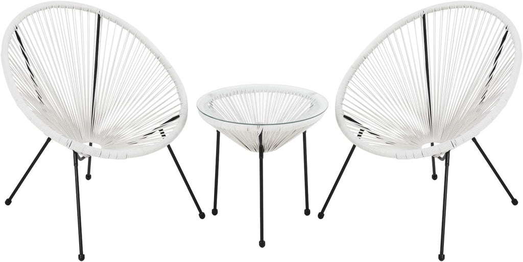 FDW Patio Bistro Set Bistro Table Set Acapulco Chairs Outdoor Chairs Set of 2 All-Weather Hammock Weave Chair Set of 2 and Glass Top Side Table Small Patio Furniture Set, White