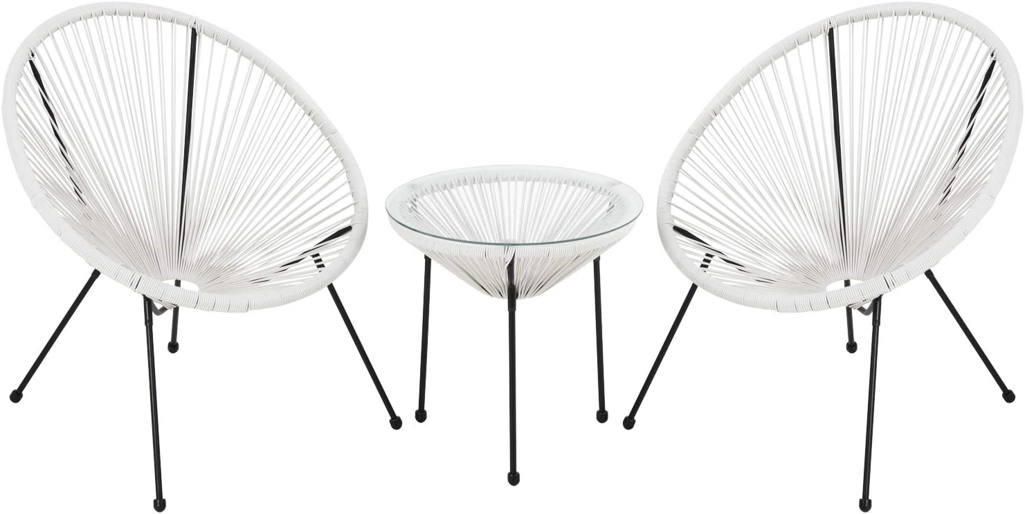 FDW Patio Bistro Set Bistro Table Set Acapulco Chairs Outdoor Chairs Set of 2 All-Weather Hammock Weave Chair Set of 2 and Glass Top Side Table Small Patio Furniture Set, White