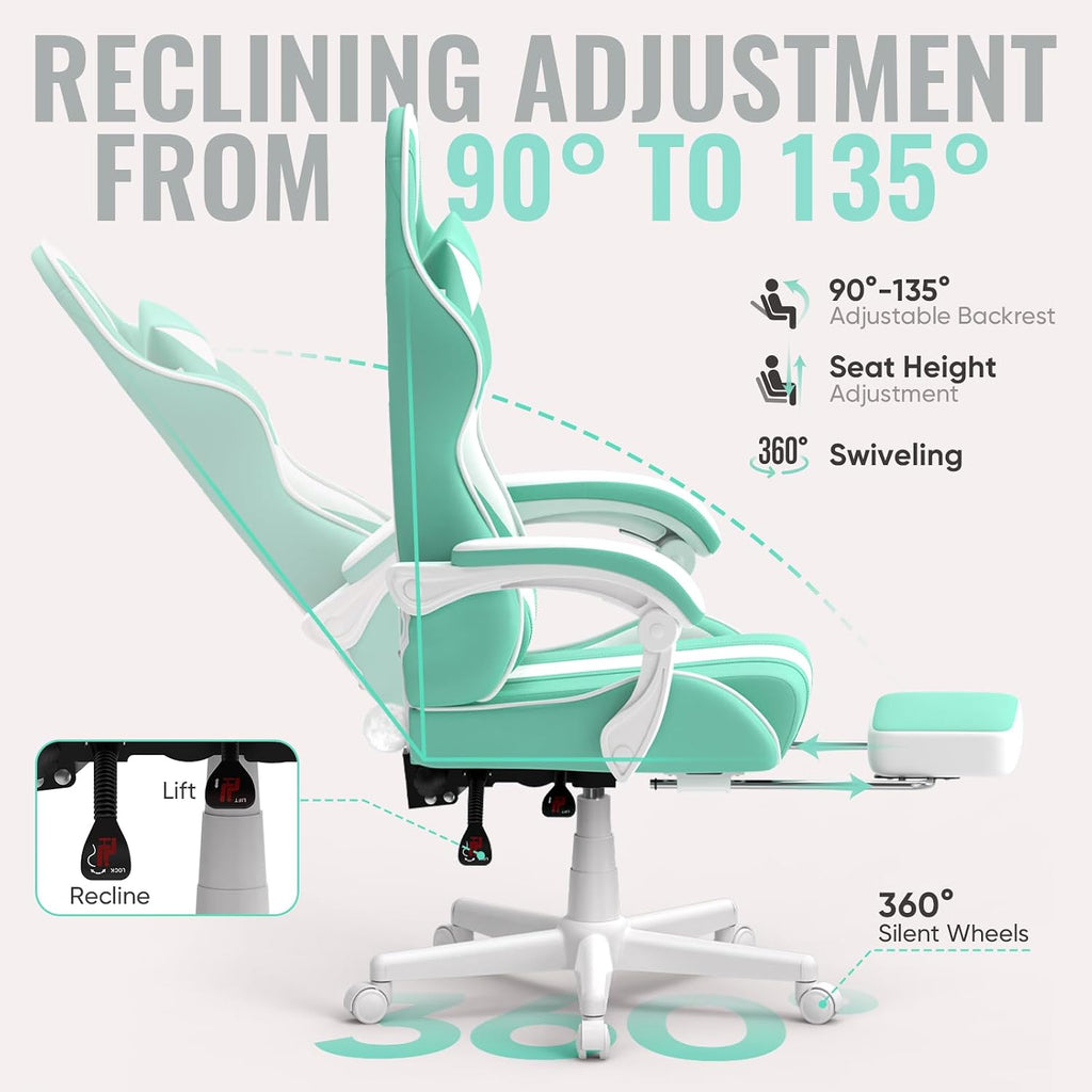 Ferghana Gaming Chairs, Ergonomic Racing Style PC Game Computer Chair with Headrest Lumbar Support Adjustable Recliner PU Leather Video Computer Chair(Light Green)
