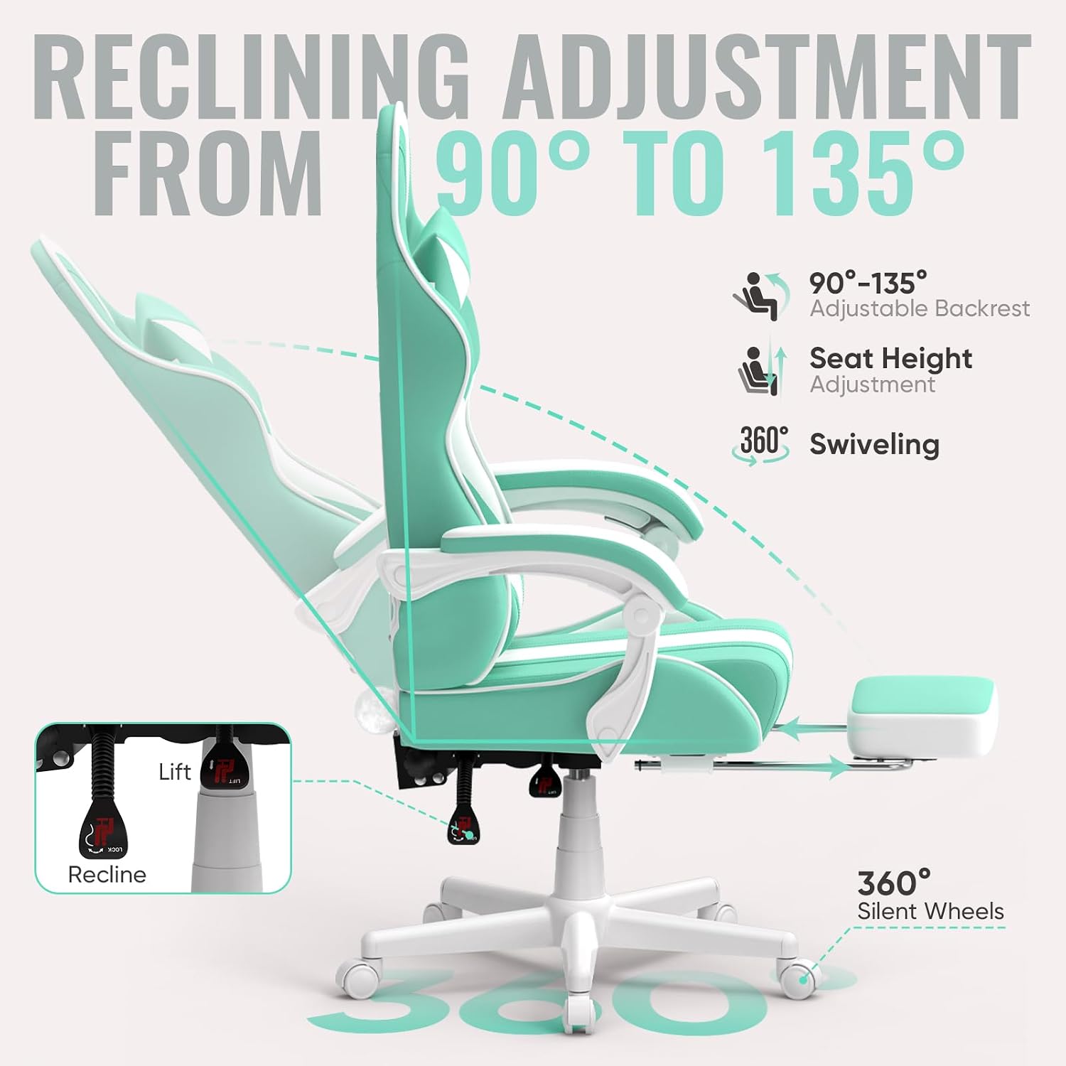 Ferghana Gaming Chairs, Ergonomic Racing Style PC Game Computer Chair with Headrest Lumbar Support Adjustable Recliner PU Leather Video Computer Chair(Light Green)