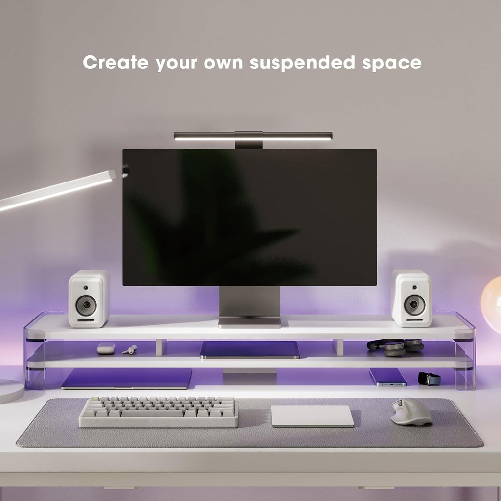 Fenge Acrylic Monitor Stand Riser, Clear Dual Acrylic Computer Monitor Stand for 2 Monitors, 2 Tier Wood Office Desk Storage Organizer for Laptop, Computer, TV Stand
