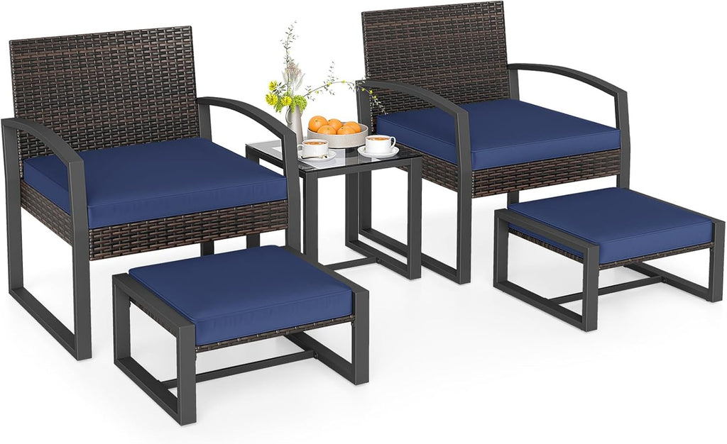 Tangkula 5 Pieces Wicker Patio Conversation Set, Outdoor PE Rattan Chair with Ottoman Set with Glass Side Table, 2-Person Small Balcony Furniture Seating Set with Cushions for Porch, Backyard, Deck
