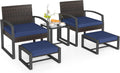 Tangkula 5 Pieces Wicker Patio Conversation Set, Outdoor PE Rattan Chair with Ottoman Set with Glass Side Table, 2-Person Small Balcony Furniture Seating Set with Cushions for Porch, Backyard, Deck