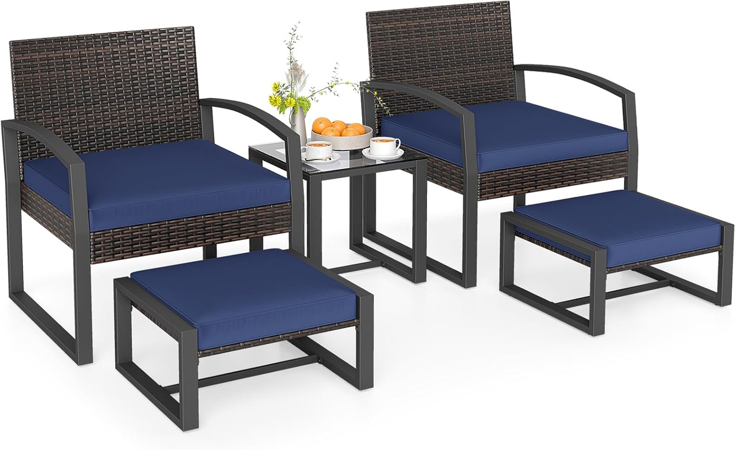 Tangkula 5 Pieces Wicker Patio Conversation Set, Outdoor PE Rattan Chair with Ottoman Set with Glass Side Table, 2-Person Small Balcony Furniture Seating Set with Cushions for Porch, Backyard, Deck