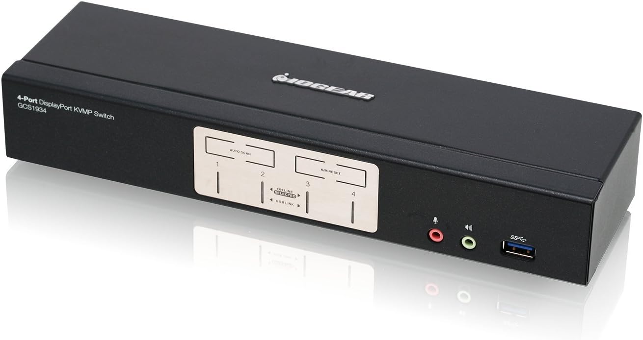 IOGEAR 4-Port DisplayPort KVMP Switch - 4K 60Hz - 2-Port USB 3.1 Hub 5Gbps - Keyboard Mouse Input - 7.1 HD Audio - Front Panel Selector - TAA Compliant - Mac/Win - GCS1934