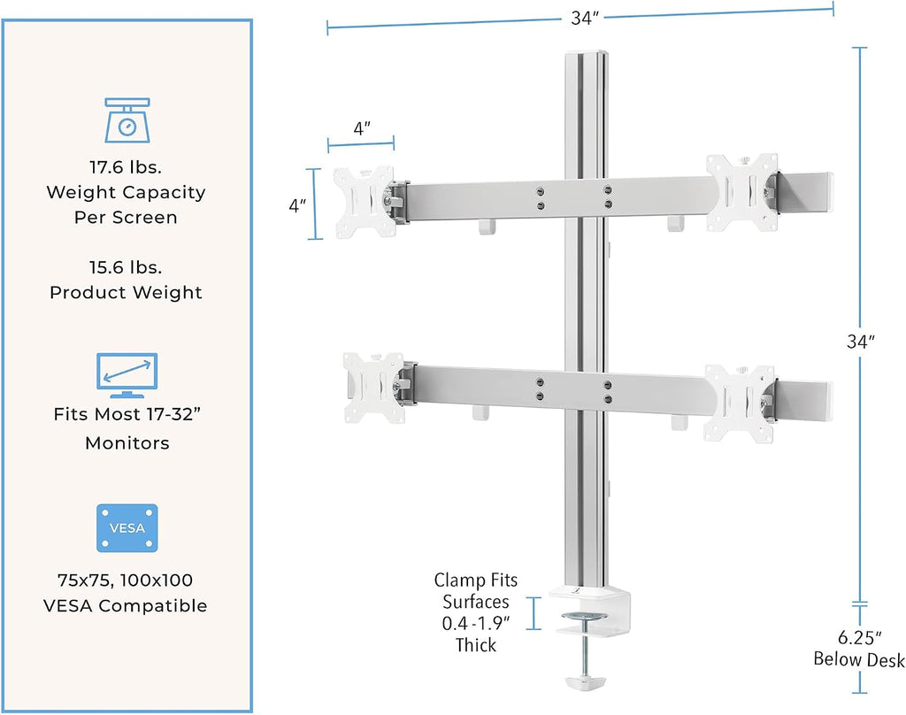 Stand Steady 4 Monitor Mount Desk Setup - Heavy-Duty Height Adjustable Monitor Stand, Swivel Arm with Clamp-On Base, Four Screen VESA Mount Fits Most LCD/LED Monitors 17-32 in. (Silver, 4 Mounts)