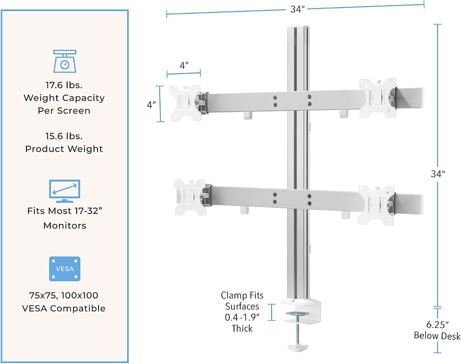 Stand Steady 4 Monitor Mount Desk Setup - Heavy-Duty Height Adjustable Monitor Stand, Swivel Arm with Clamp-On Base, Four Screen VESA Mount Fits Most LCD/LED Monitors 17-32 in. (Silver, 4 Mounts)