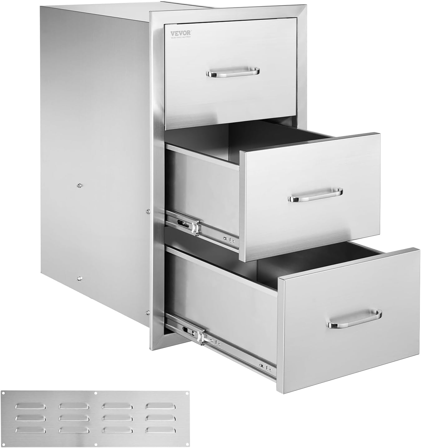 VEVOR Outdoor Kitchen Drawers, 16.5' W x 29' H x 20.5' D Triple Access Drawers, Stainless Steel Flush Mount Cabinets, BBQ Island Storage with Paper Towel Holder & Handle, for Patio Grill Station