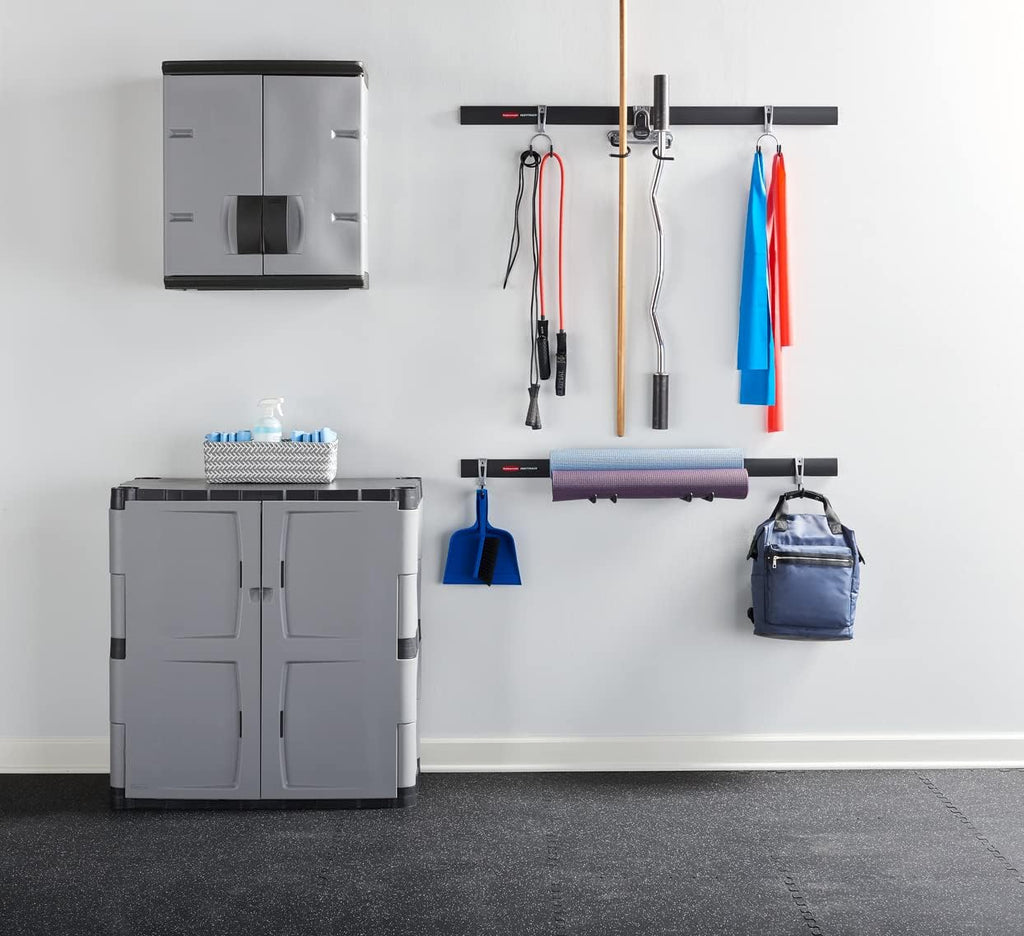 Rubbermaid Freestanding Storage Cabinet with Doors 18'D x 36'W x 37'H Medium Gray/Black Two-Shelf Lockable Cabinet for Indoor/Outdoor/Garage Storage for Garden Tools/Lawn Care Accessories