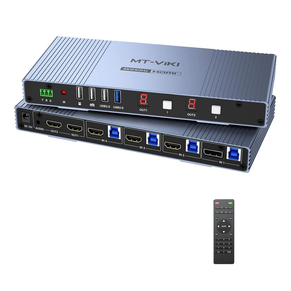 MT-VIKI Seamless 4x2 HDMI Matrix KVM Switch, HDMI+DP KVM Switch for 4 Computers 2 Monitors, 4K@60Hz/2K@144Hz, 3.5mm Audio Ouput, Support Mouse Switching+ Hotkey