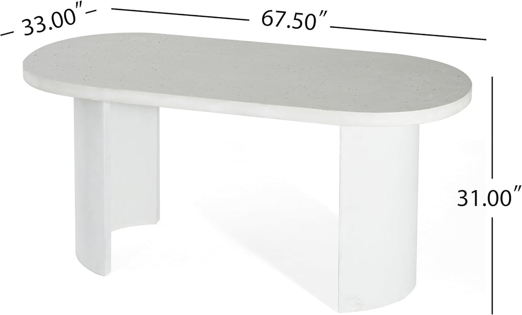 Christopher Knight Home Vicla 3 Pieces Durable Concrete Outdoor Dining Set with Stylish Terrazzo Finish, Patio Dining Table with 2 Benches, Oval Outdoor Patio Furniture Set with Pedestal Base, White