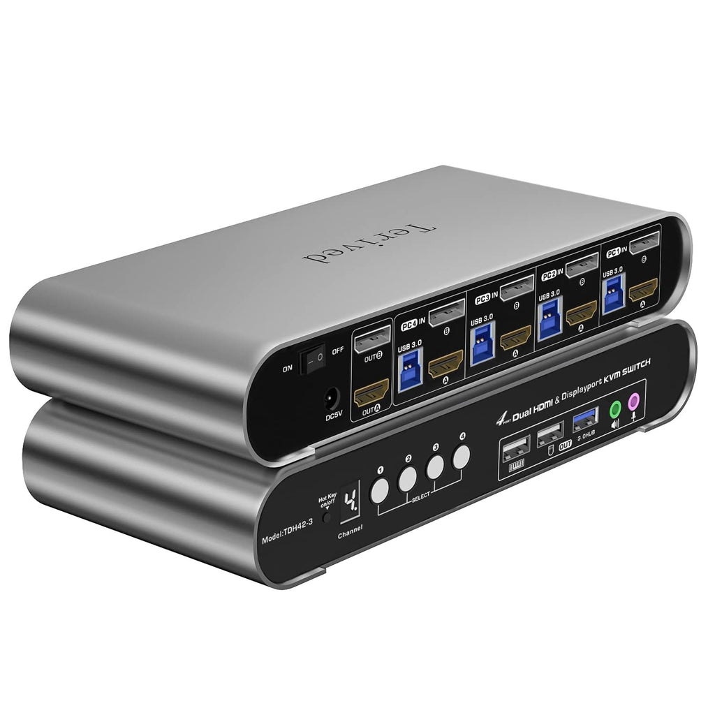 4 Computers 2 Monitors Automatic KVM Switch, HDMI 4k@60Hz + DP 8K 30Hz 4K@144Hz, Aluminum Alloy Shell, Digital Display, Audio/Microphone, hotkey, HDR10 with Cables