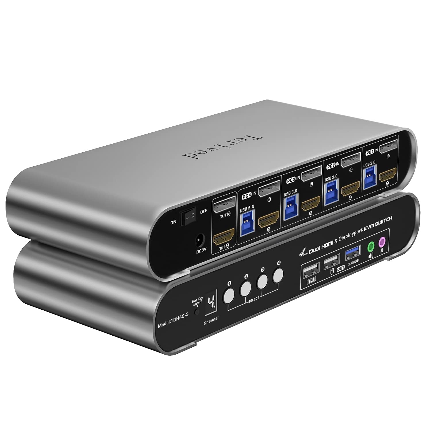 4 Computers 2 Monitors Automatic KVM Switch, HDMI 4k@60Hz + DP 8K 30Hz 4K@144Hz, Aluminum Alloy Shell, Digital Display, Audio/Microphone, hotkey, HDR10 with Cables