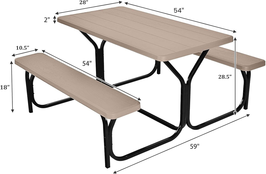 Giantex Picnic Table Bench Set Outdoor Camping All Weather Metal Base Wood-Like Texture Backyard Poolside Dining Party Garden Patio Lawn Deck Furniture Large Camping Picnic Tables for Adult