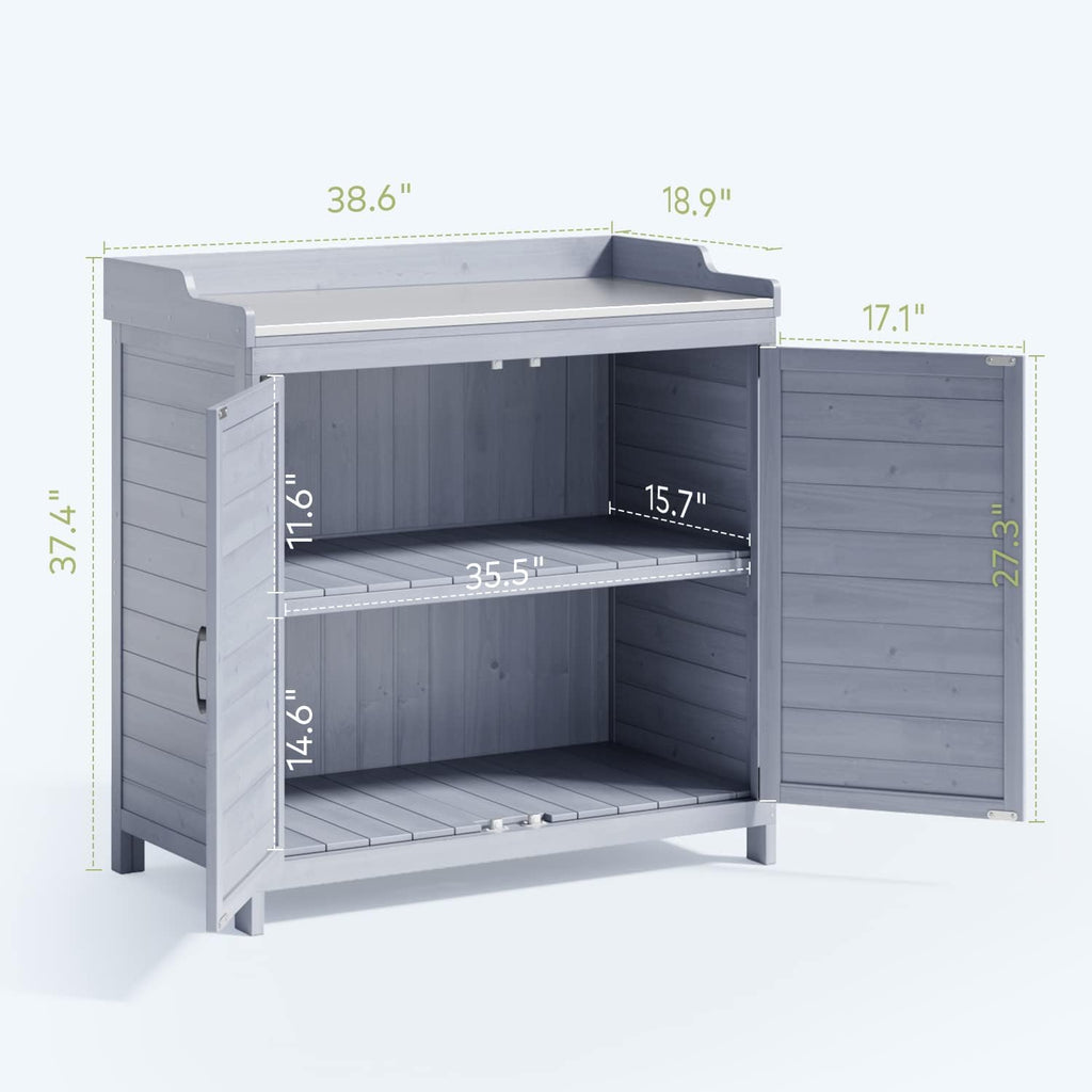 Gizoon Outdoor Potting Bench with Metal Tabletop, Outdoor Garden Patio Wooden Storage Cabinet with Adjustable Shelf, Double Doors Garden Work Bench for Backyard, Patio, Lawn - Grey