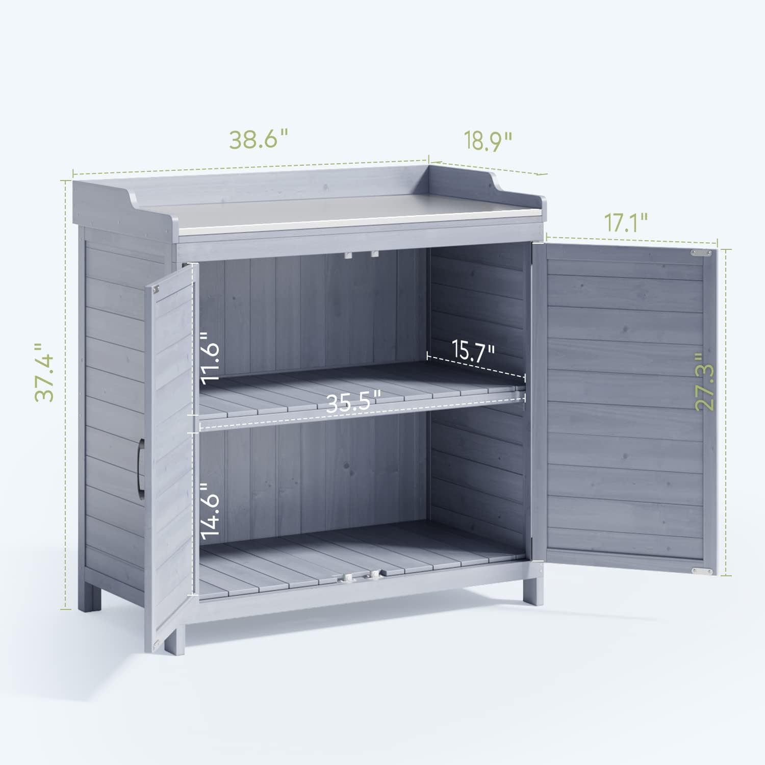 Gizoon Outdoor Potting Bench with Metal Tabletop, Outdoor Garden Patio Wooden Storage Cabinet with Adjustable Shelf, Double Doors Garden Work Bench for Backyard, Patio, Lawn - Grey