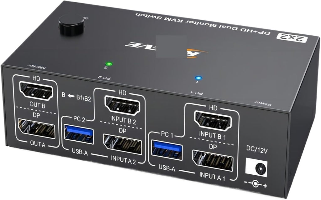 4K@144Hz KVM Switch 2 Monitors 2 Computers 8K@60Hz,HDMI +Displayport Dual Monitor with 4 USB 3.0 Port for Keyboard Mouse Printer(AU Power Adapter)