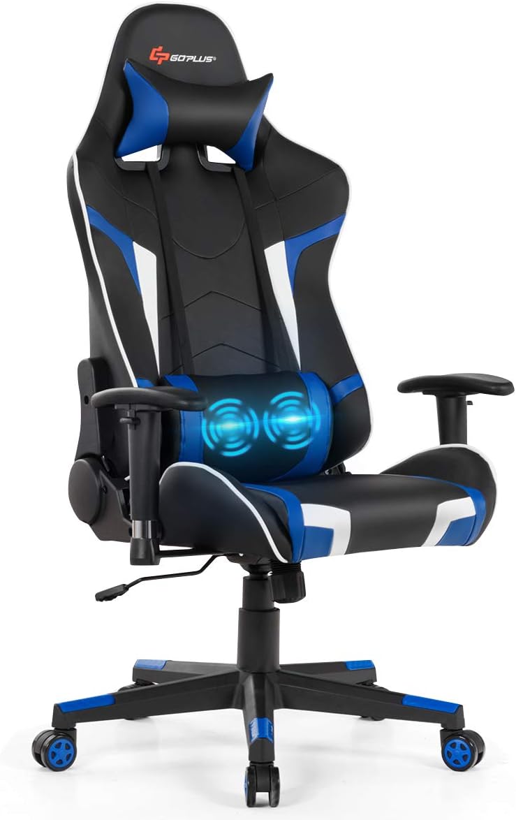 POWERSTONE Gaming Chair - Office Computer Gaming Racing Chair with Lumbar Massager Support PU Leather Adjustable Arms Headrest High-Back Recliner Ergonomic Rolling Swivel (Blue)
