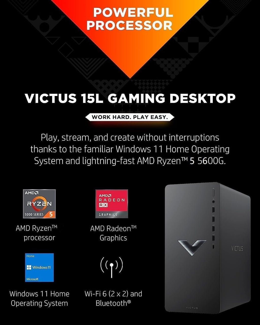 HP Victus 15L Desktop | Gaming PC | AMD Ryzen 7 5700G, 8-Core Processor | 32GB RAM, 1TB SSD | AMD Radeon RX 6400 Graphics (4 GB GDDR6 Dedicated) | WiFi 6, Bluetooth 5.3 | Windows 11 | Mica Silver