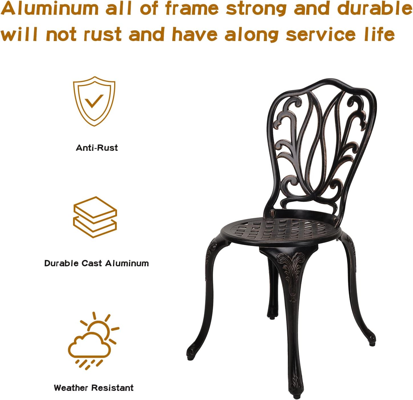 YKSY&YKSY 3-Piece Patio Bistro Furniture Set Cast-Aluminum Bistro Table Set for Lawn,Garden,Backyard (YILI Copper)