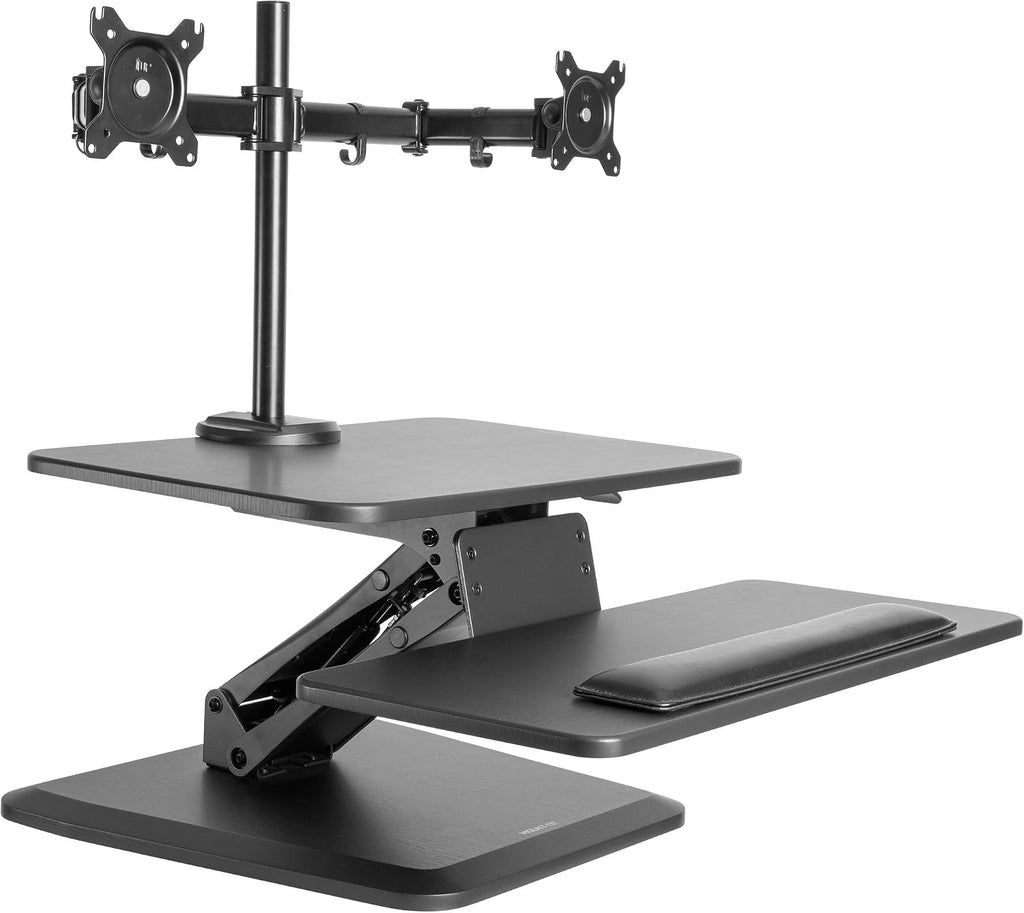 Mount-It! Standing Desk Converter, Stand Up Desk Riser with Dual Monitor Mount, Adjustable Workstation in Black, Top Platform 23' Wide, Keyboard Mouse Tray 27' Wide, Raises 5' to 17' Tall
